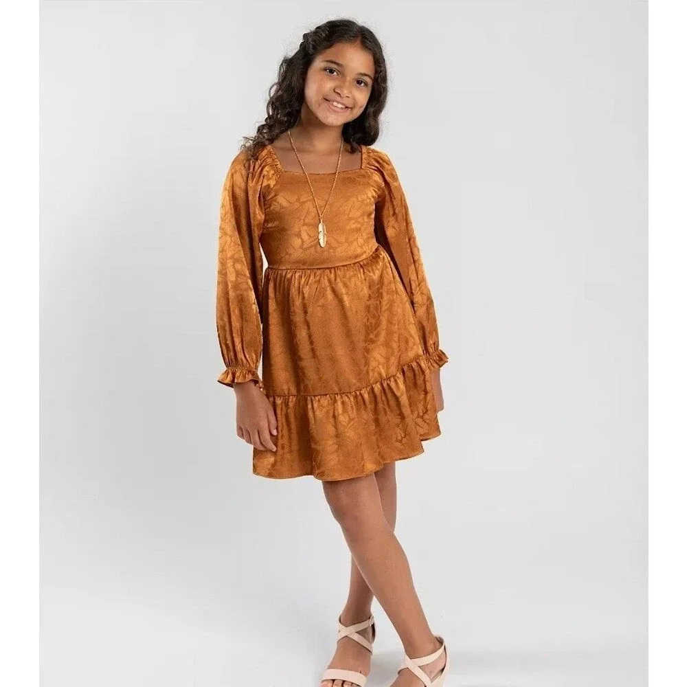 Rare Editions Girls Size 16 Puff Sleeve Ruffle Hem Dress with Necklace, 2-Pieces